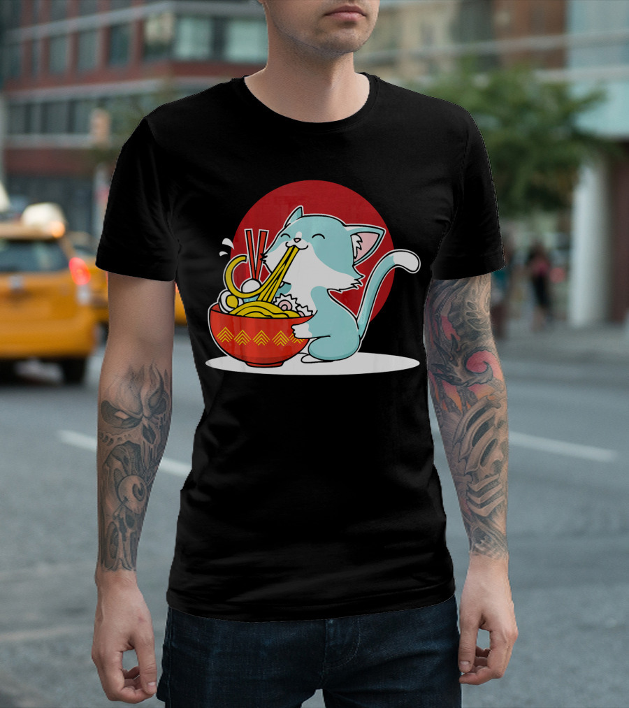Whimsical Cat Enjoying Japanese Ramen Noodles With Red Circle Background T-Shirt