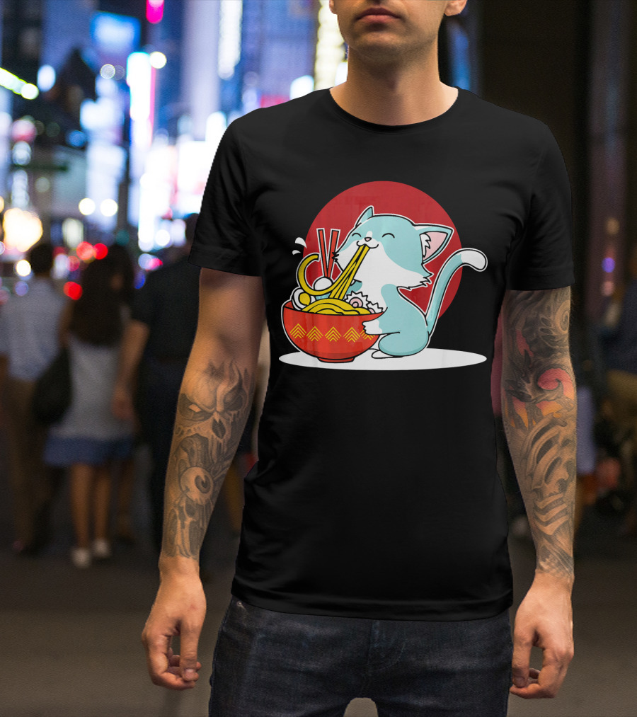 Whimsical Cat Enjoying Japanese Ramen Noodles With Red Circle Background T-Shirt