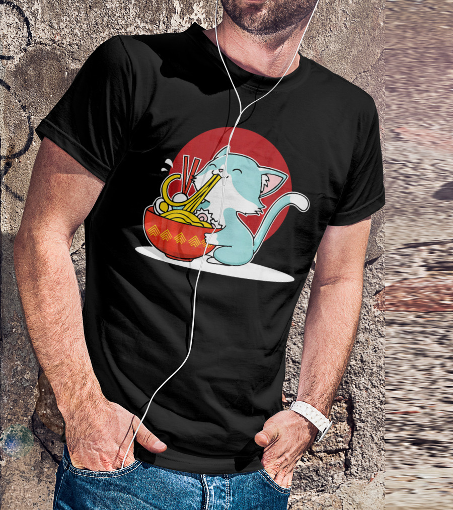 Whimsical Cat Enjoying Japanese Ramen Noodles With Red Circle Background T-Shirt