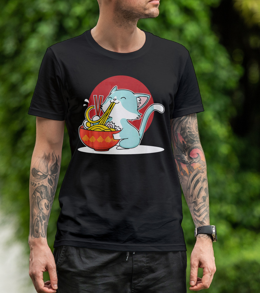 Whimsical Cat Enjoying Japanese Ramen Noodles With Red Circle Background T-Shirt