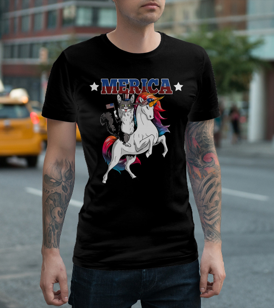Merica Maine Coon Cat Riding Rainbow Unicorn with USA Flag T-Shirt