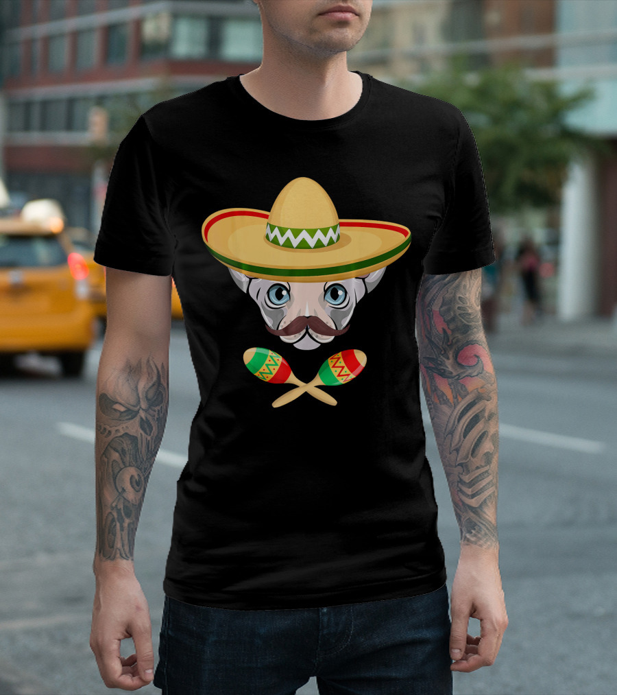 Sphynx Cat Cosplay Mexican Sombrero Maracas Cinc T-Shirt