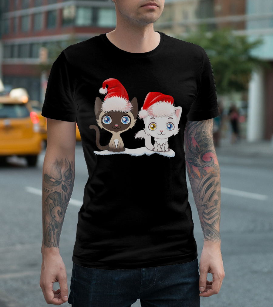 Cute Siamese and Turkish Angora Cats in Santa Hats T-Shirt