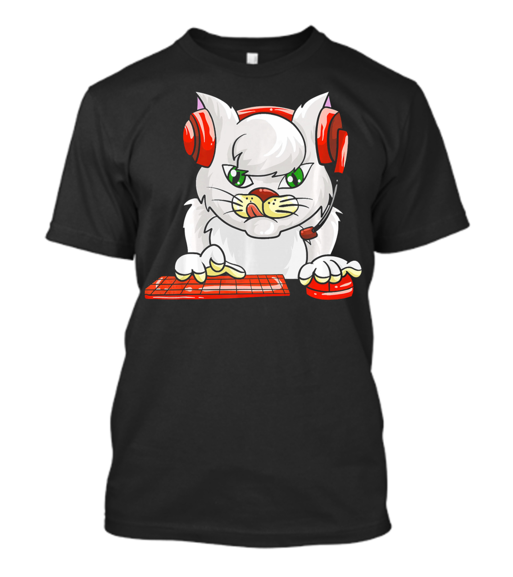 Cute Cat Gamer Funny Kitten With Headset And Keyboard T-Shirt