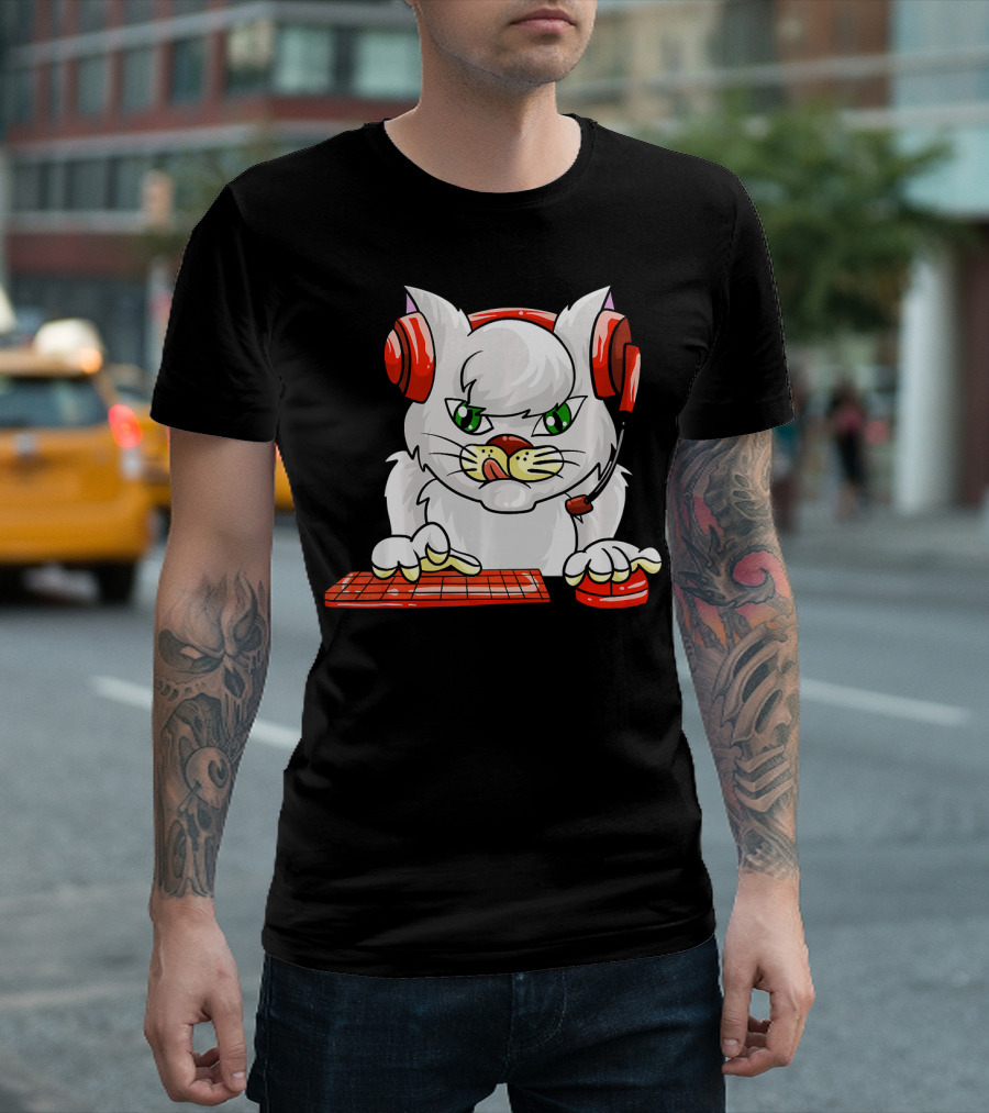 Cute Cat Gamer Funny Kitten With Headset And Keyboard T-Shirt