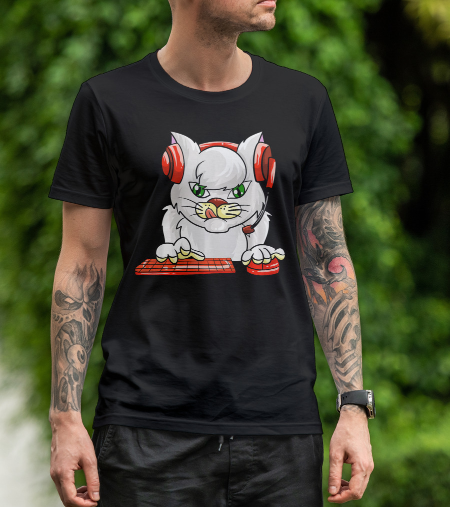 Cute Cat Gamer Funny Kitten With Headset And Keyboard T-Shirt