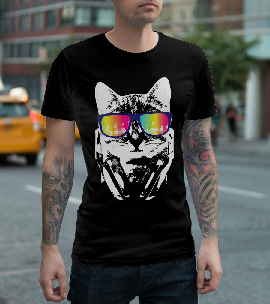 Cool Kitten with Headphones and Rainbow Sunglasses Music Cat T-Shirt