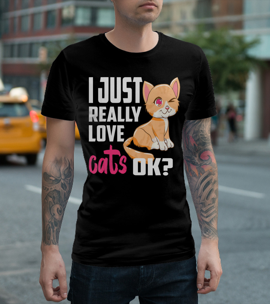 I Just Really Love Cats OK Kawaii Cat Winking Playful Expression T-Shirt