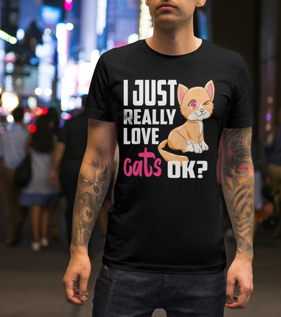 I Just Really Love Cats OK Kawaii Cat Winking Playful Expression T-Shirt