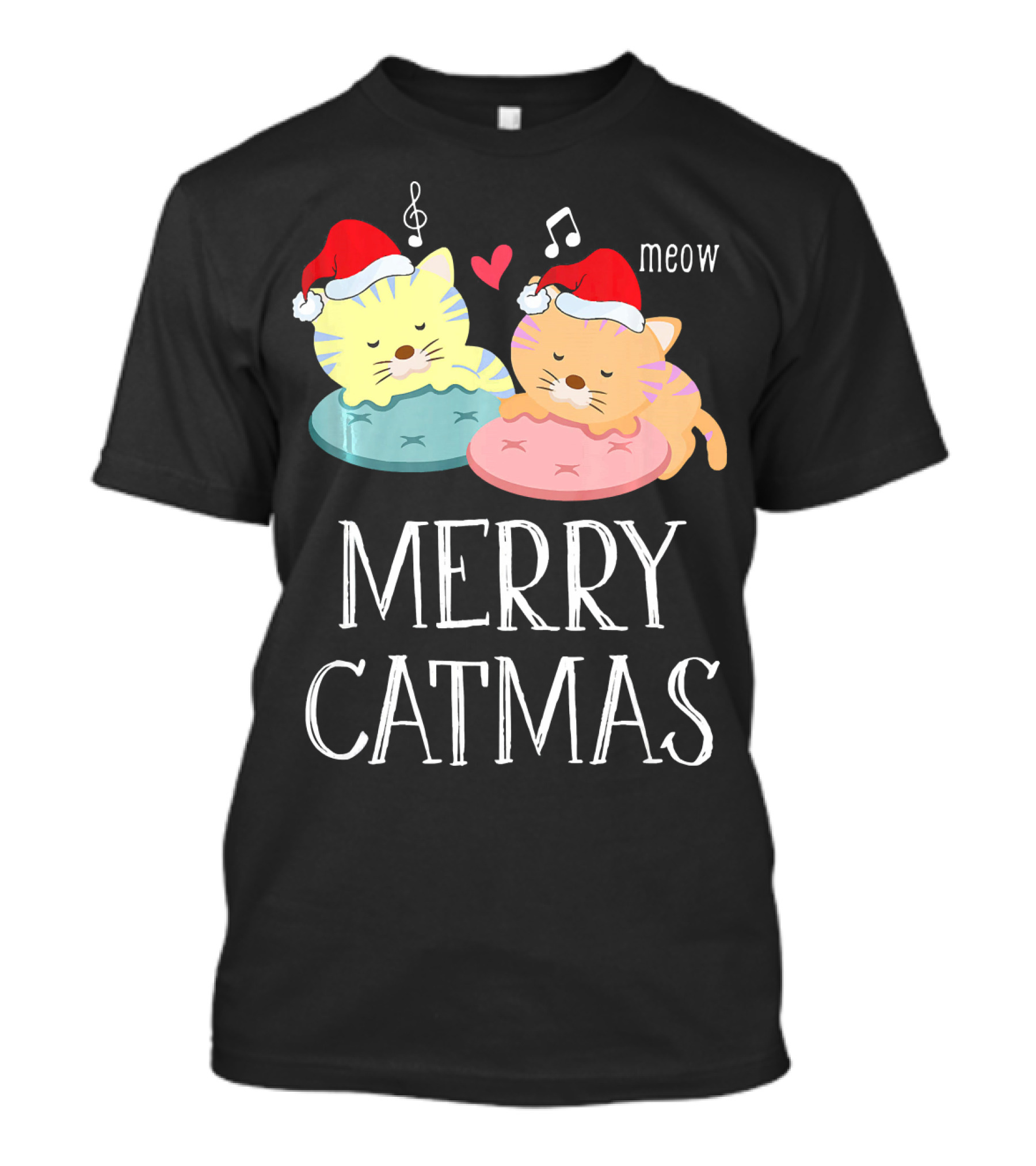 Merry Catmas Meow Cute Kitten Cat Lover Santa Hat Heart Notes T-Shirt