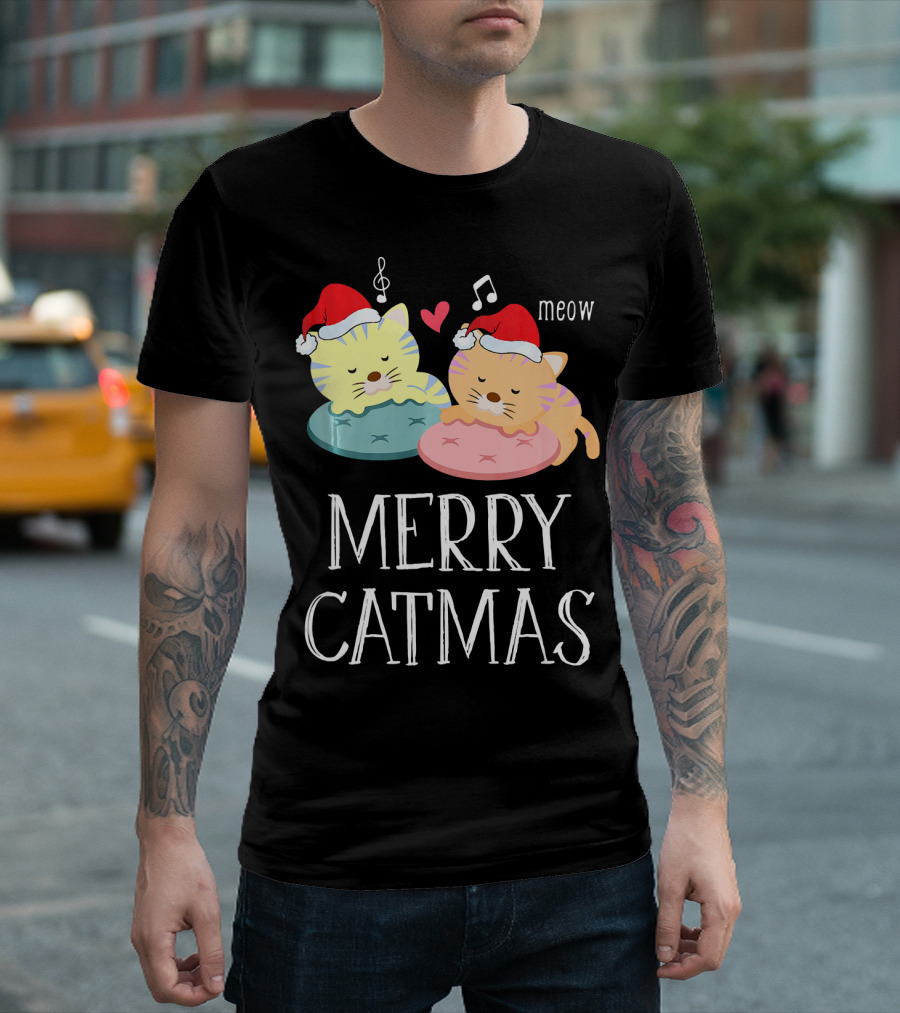 Merry Catmas Meow Cute Kitten Cat Lover Santa Hat Heart Notes T-Shirt
