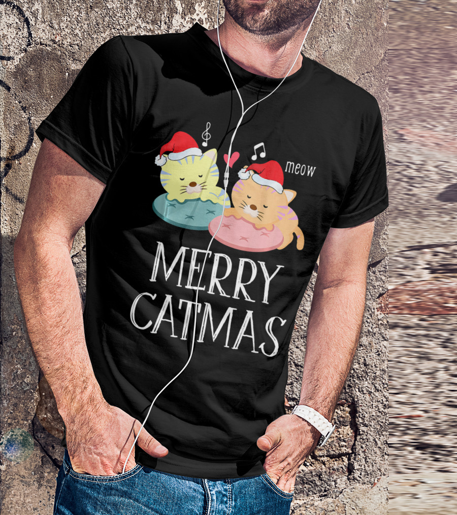 Merry Catmas Meow Cute Kitten Cat Lover Santa Hat Heart Notes T-Shirt