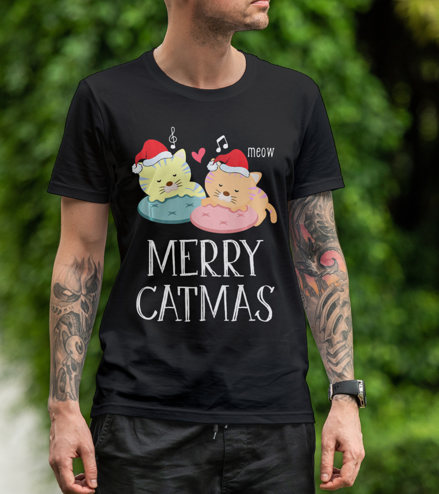 Merry Catmas Meow Cute Kitten Cat Lover Santa Hat Heart Notes T-Shirt