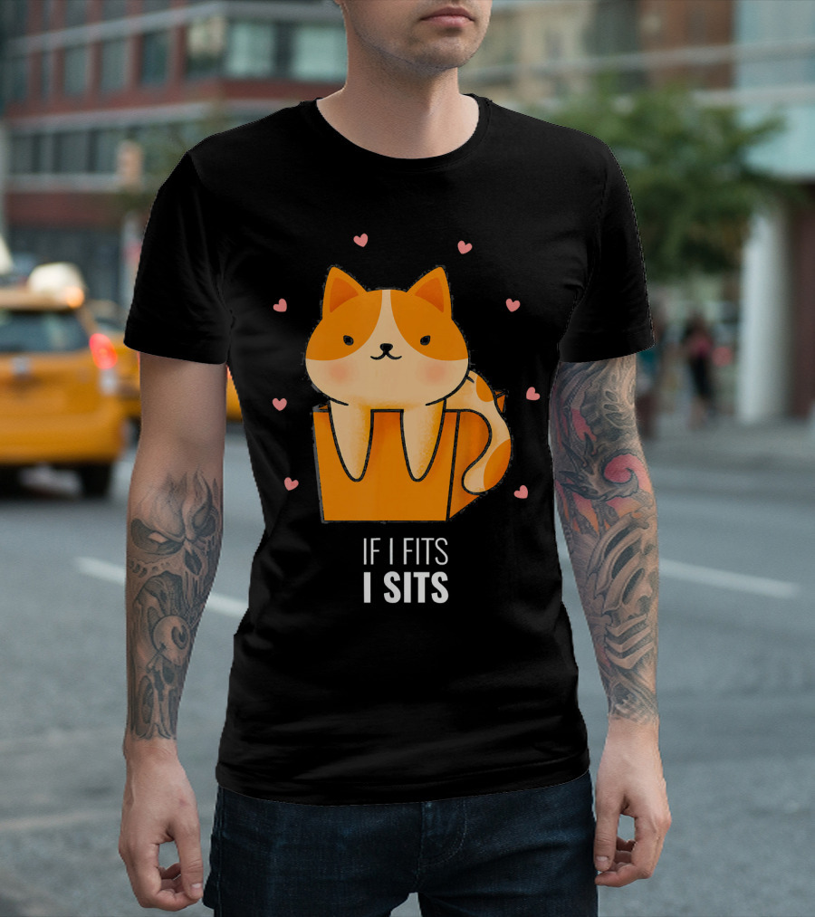 If I Fits I Sits Cat In Box Kitty Surrounded by Hearts T-Shirt