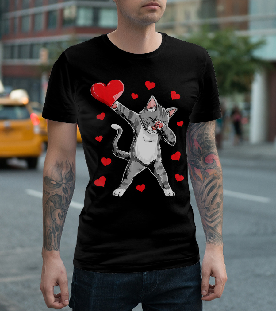 Valentines Day Dabbing Cat With Hearts T-Shirt