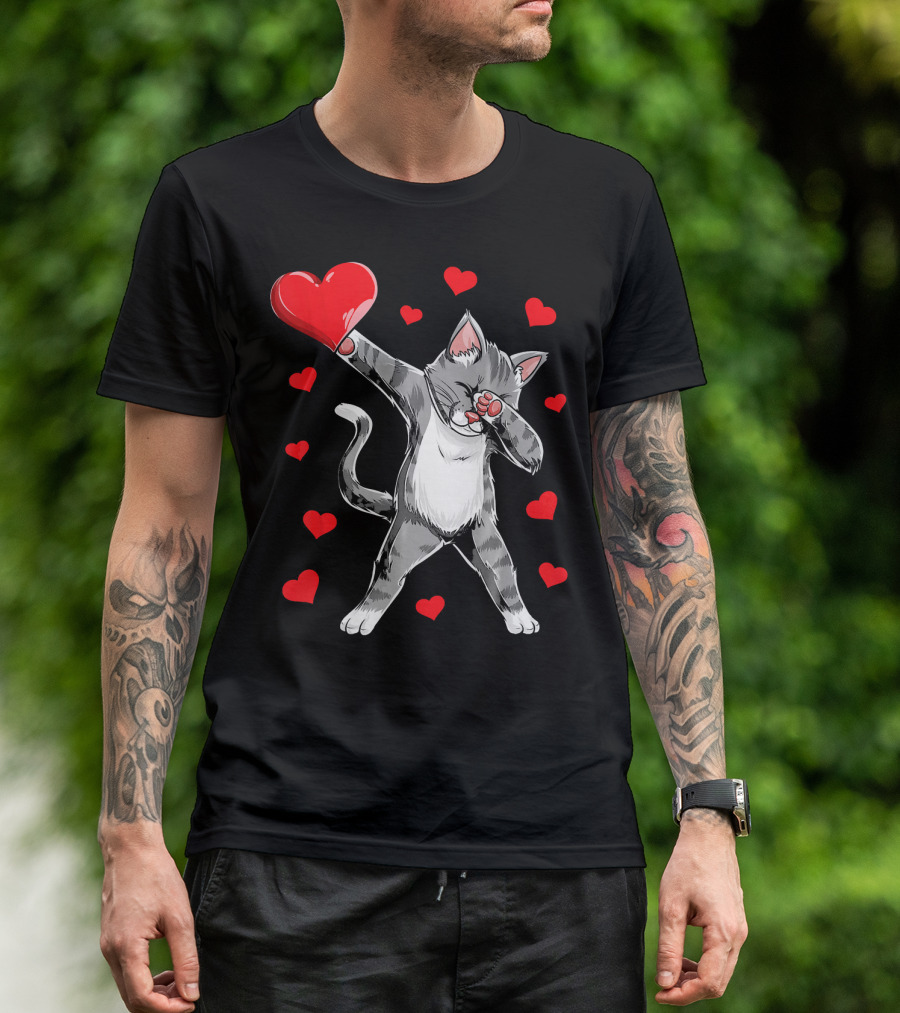 Valentines Day Dabbing Cat With Hearts T-Shirt