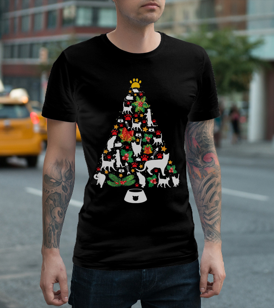 Meowy Cat Christmas Tree Cute Kitt Festive Feline Holiday Decor Paw Print Pets T-Shirt
