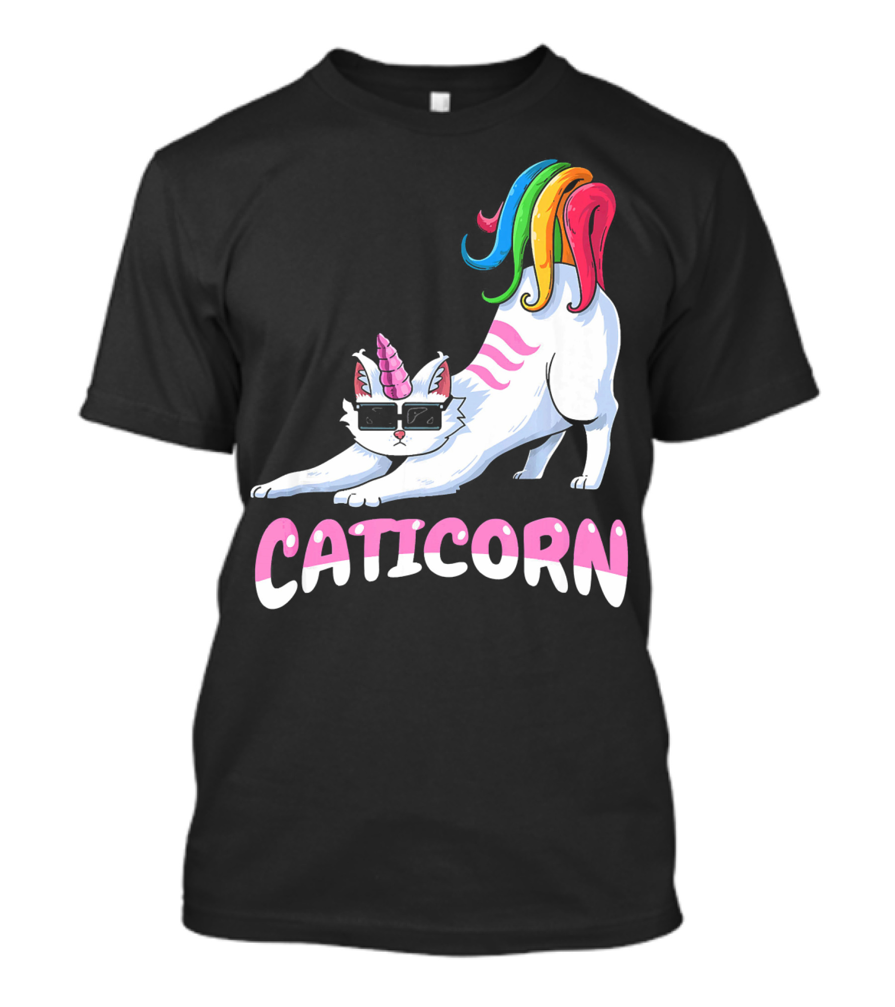 Caticorn Rainbow Unicorn Cat Girls Kitt Stretching With Sunglasses T-Shirt