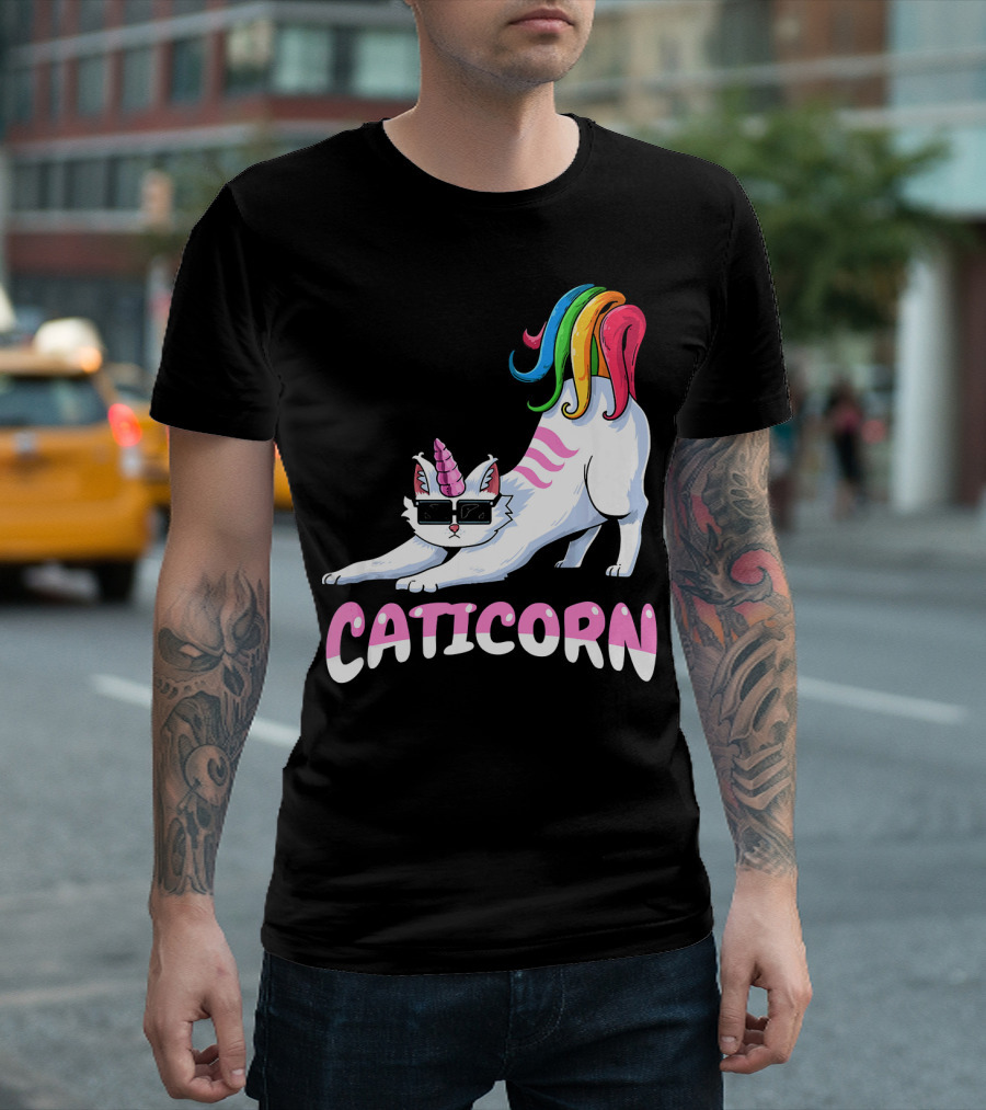 Caticorn Rainbow Unicorn Cat Girls Kitt Stretching With Sunglasses T-Shirt