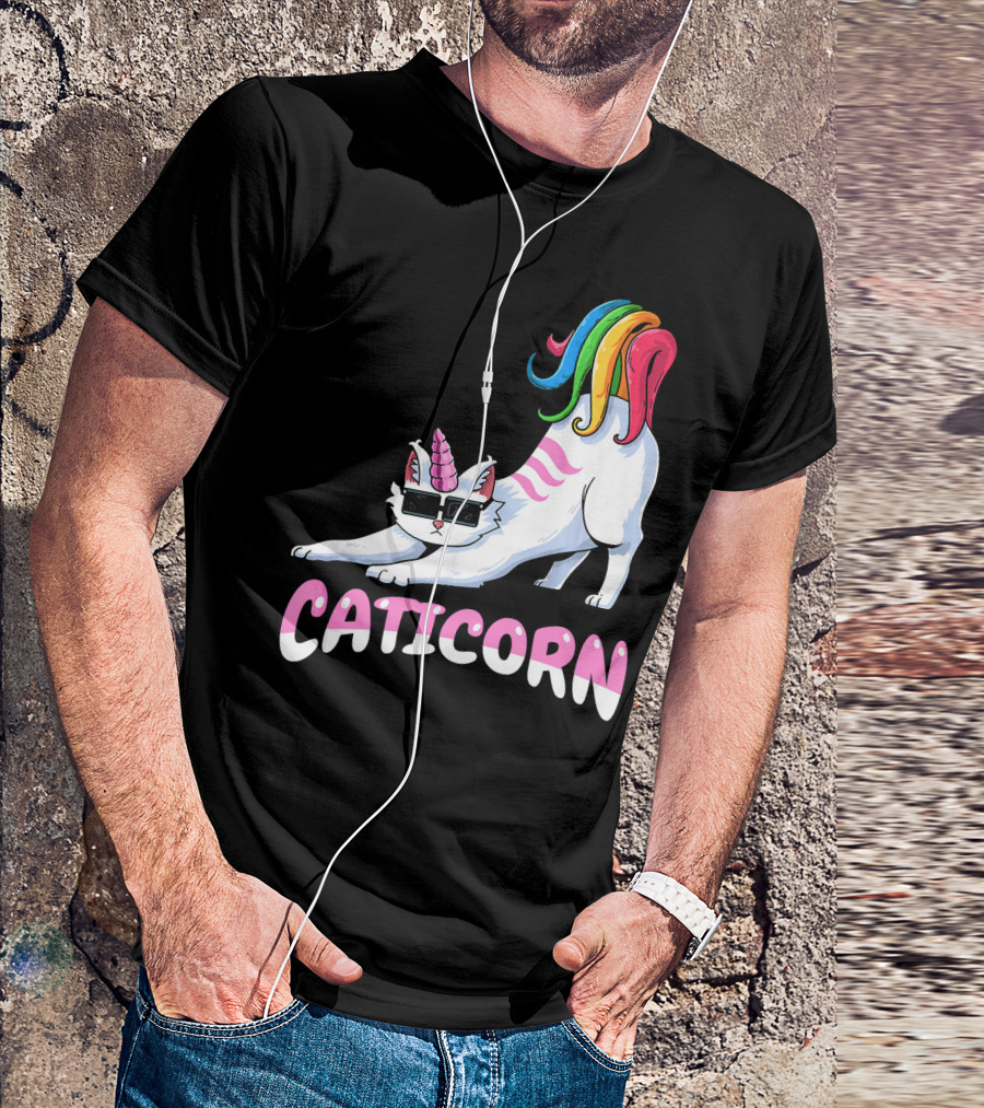 Caticorn Rainbow Unicorn Cat Girls Kitt Stretching With Sunglasses T-Shirt