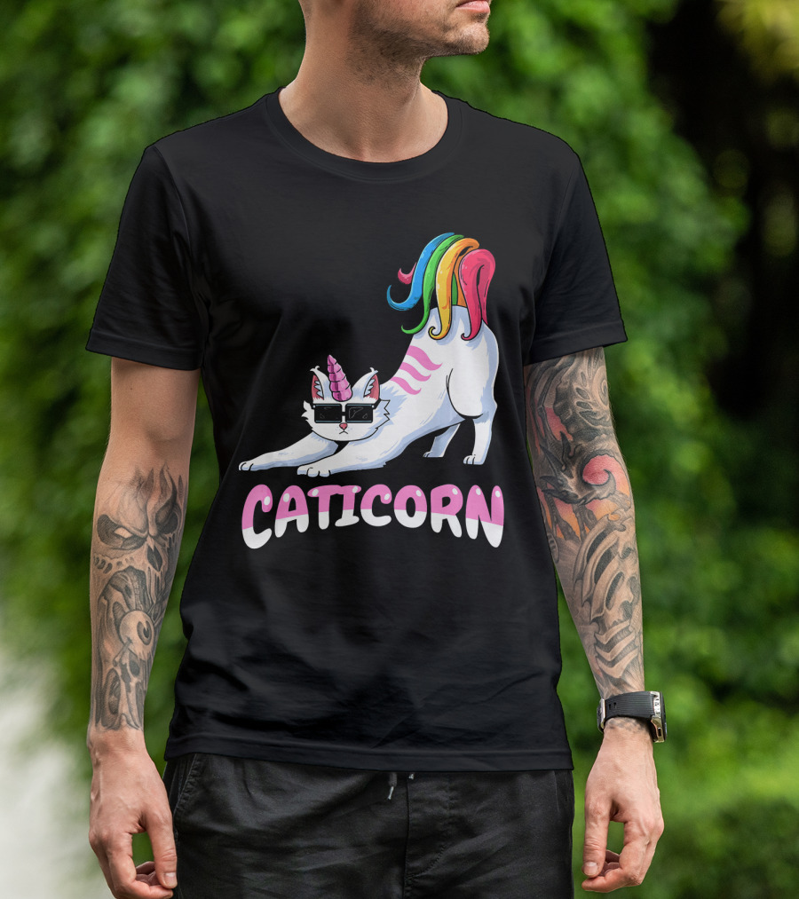 Caticorn Rainbow Unicorn Cat Girls Kitt Stretching With Sunglasses T-Shirt