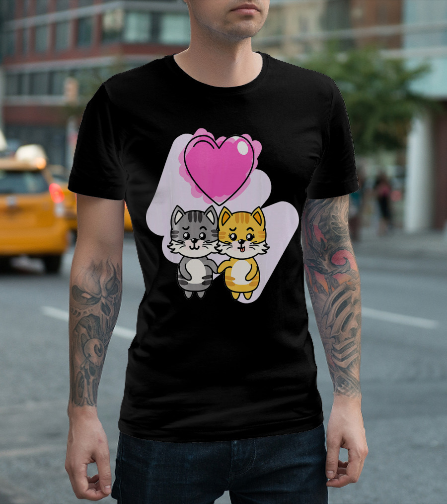 Valentines Day Cute Cat Couple with Heart T-Shirt