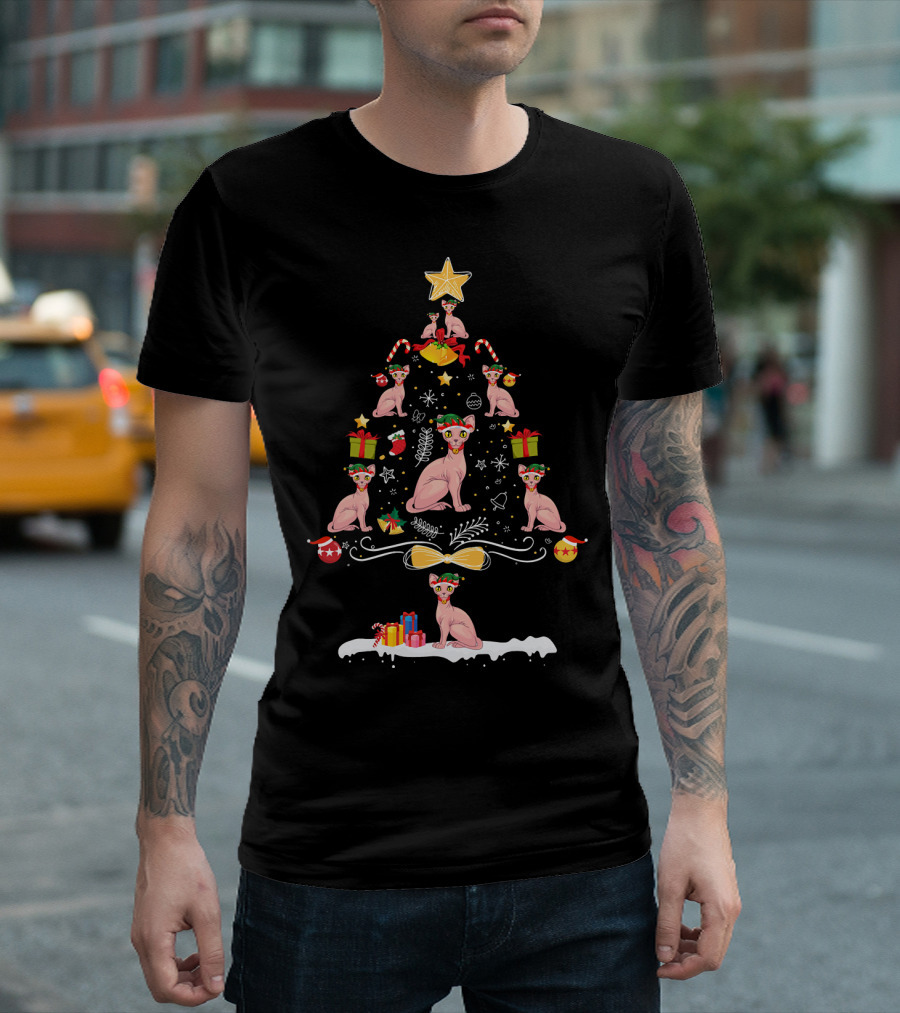 Sphynx Cats in Santa Hats Christmas Tree with Star and Presents T-Shirt