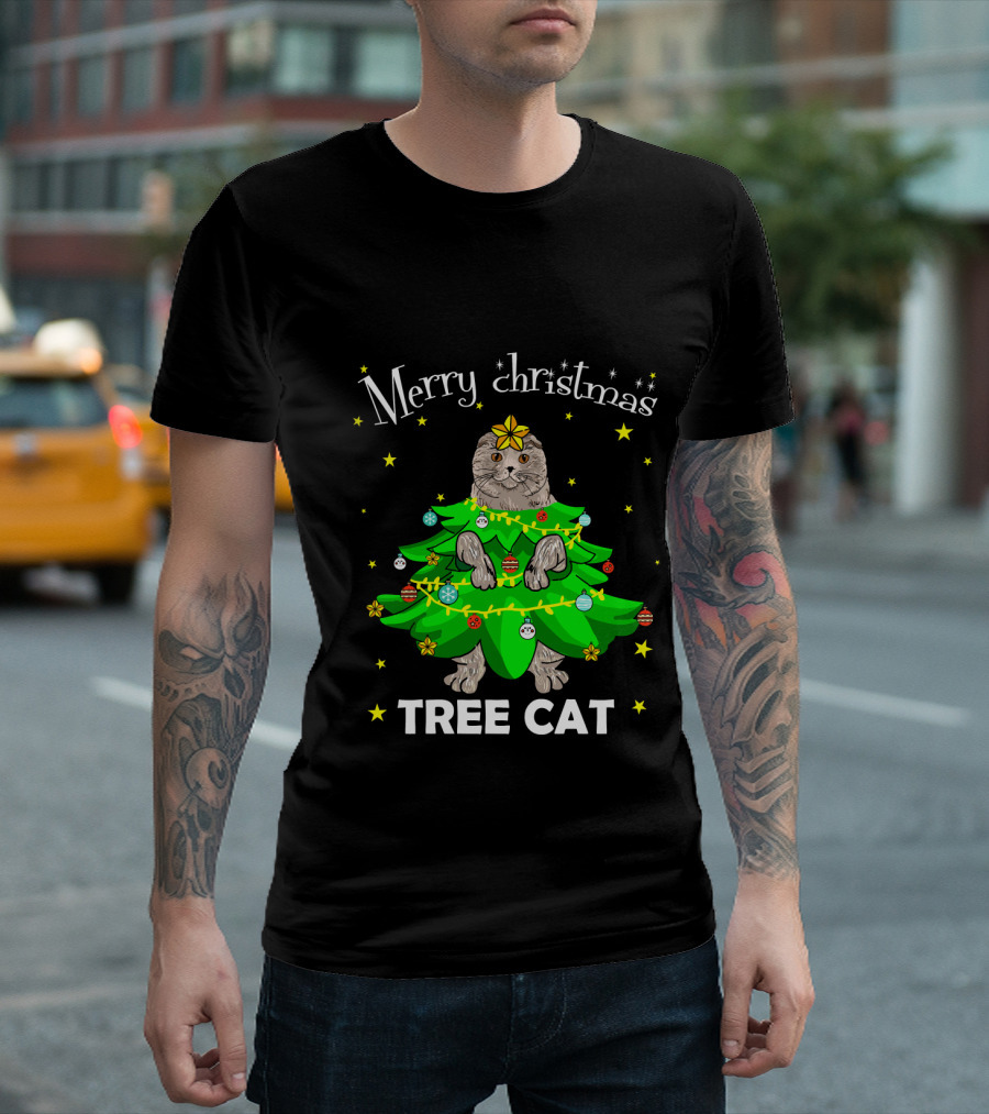 Merry Christmas Tree Cat Scottish Fold T-Shirt