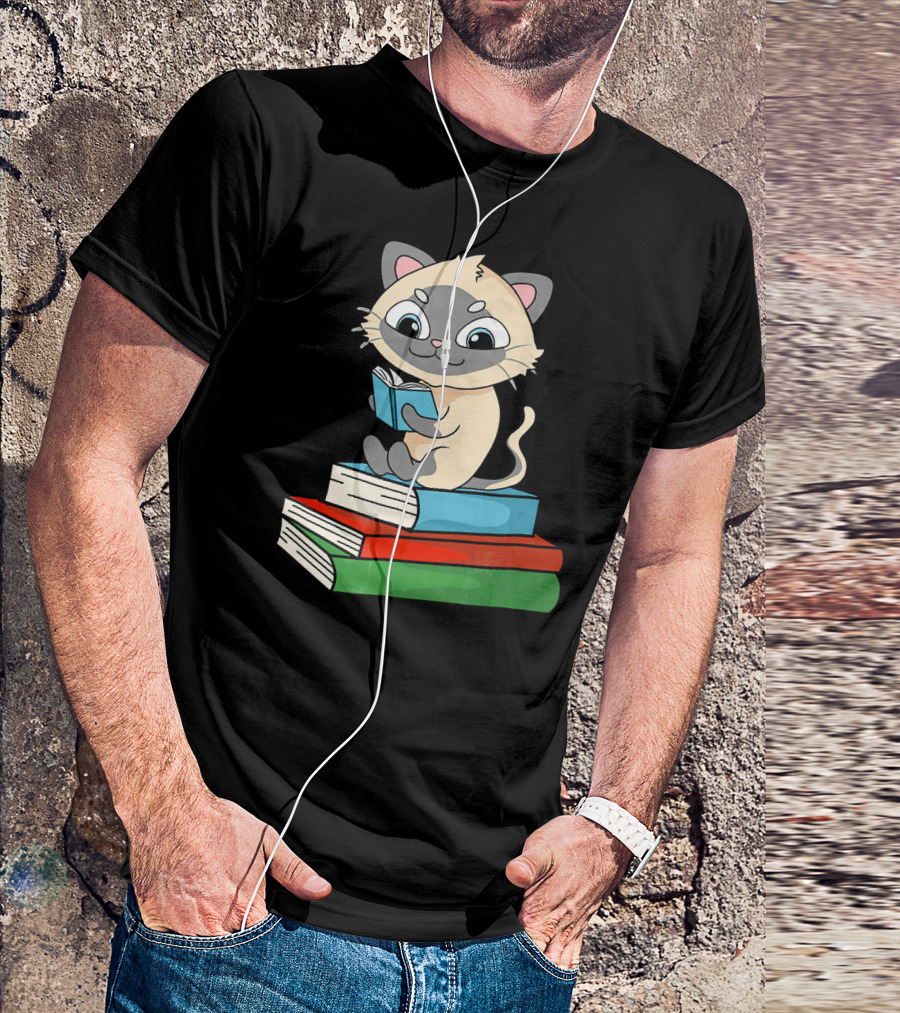 Siamese Cat Enthusiastically Reading On Books Stack T-Shirt