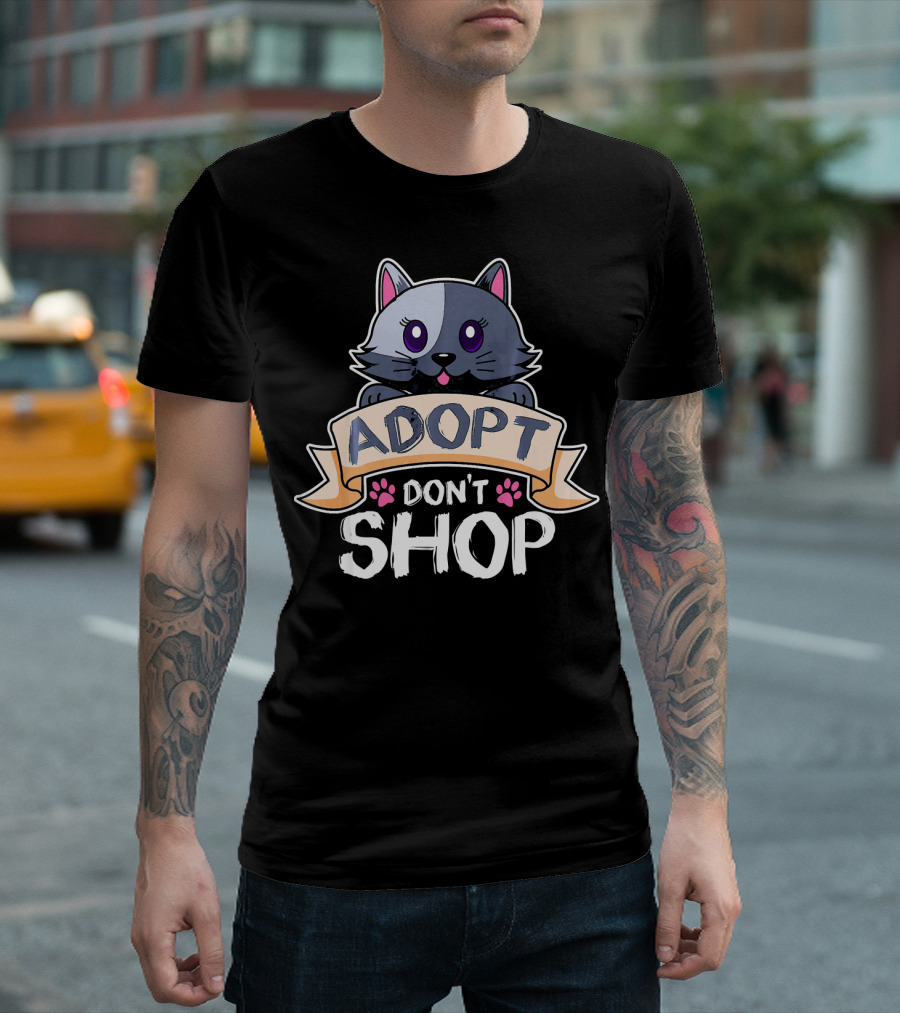 Adopt Don't Shop Cat with Banner and Paw Prints T-Shirt