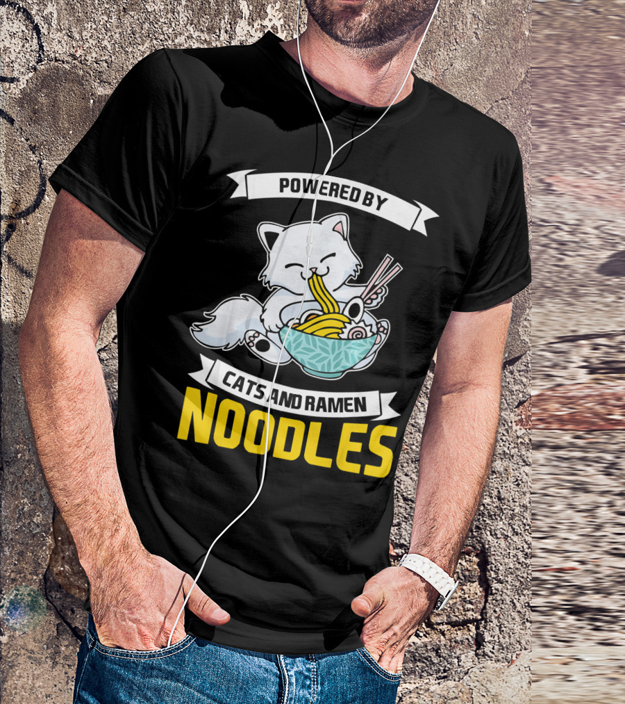Powered By Cats And Ramen Noodles Japane Whiskered Delight Feasting Joyfully T-Shirt