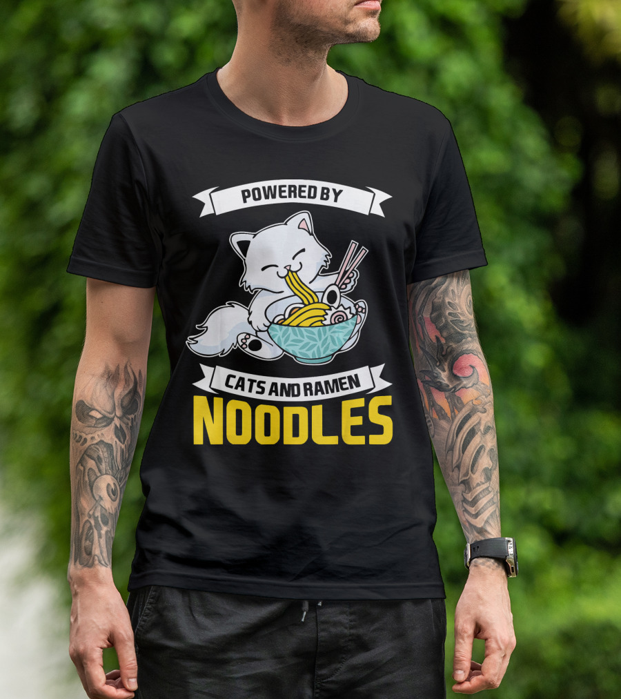 Powered By Cats And Ramen Noodles Japane Whiskered Delight Feasting Joyfully T-Shirt