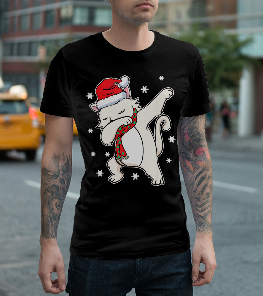 Dabbing Dab White Cat Kittens Christmas Santa Hat Scarf T-Shirt