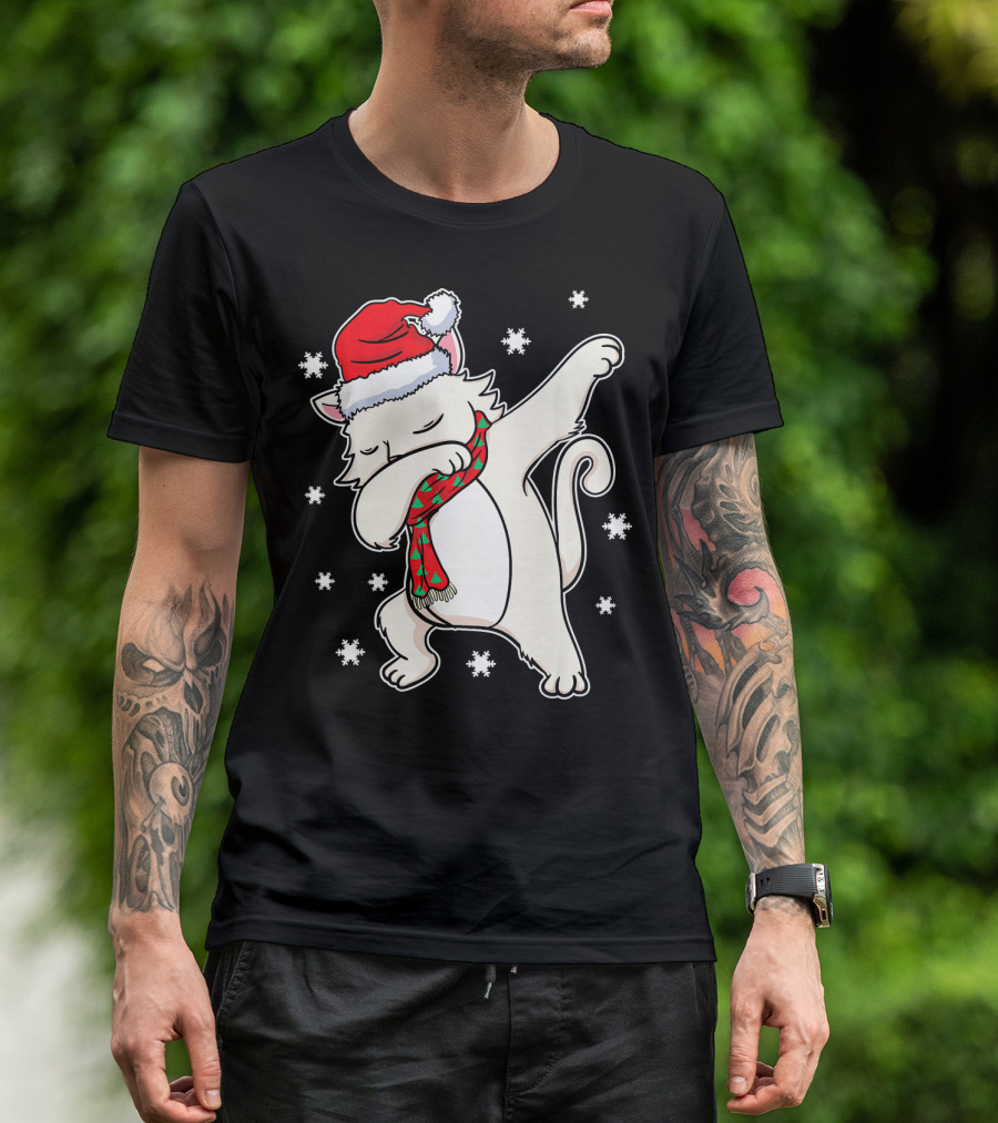 Dabbing Dab White Cat Kittens Christmas Santa Hat Scarf T-Shirt