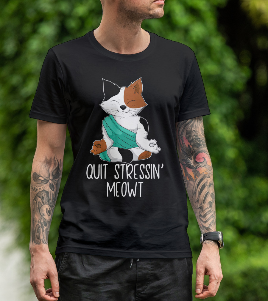 Quit Stressin' Meowt Calico Cat Yoga Pose T-Shirt