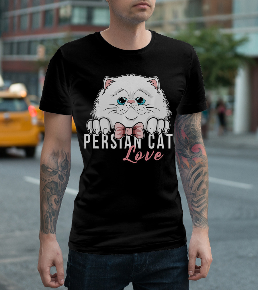 Persian Cat Love White Fluffy Kitty with Pink Bowtie T-Shirt