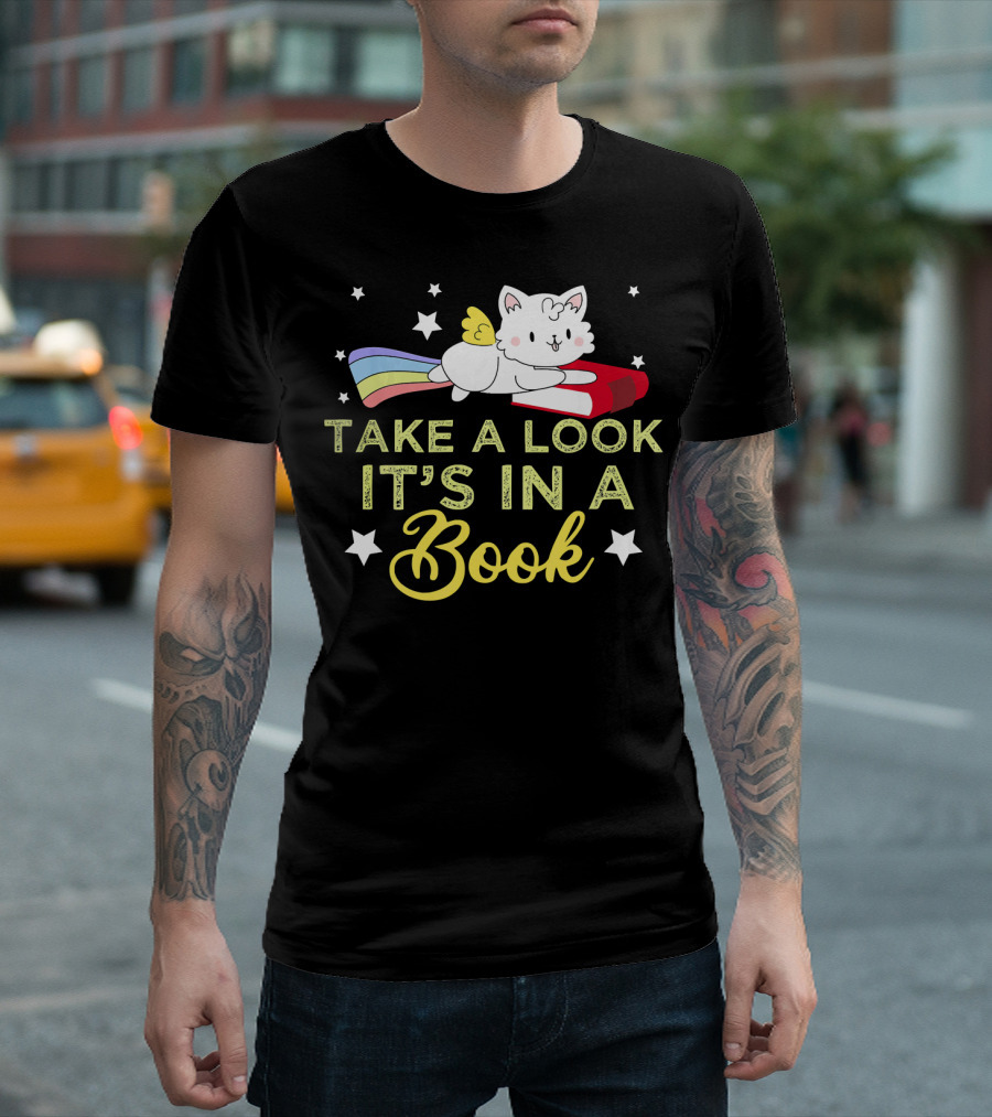 Take a Look It's in a Book Rainbow Cat with Wings and Stars T-Shirt