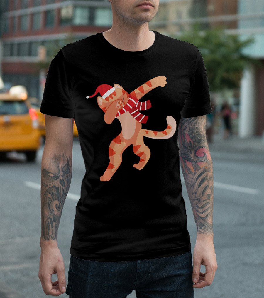 Calico Cat Dabbing with Santa Hat and Striped Scarf Christmas T-Shirt