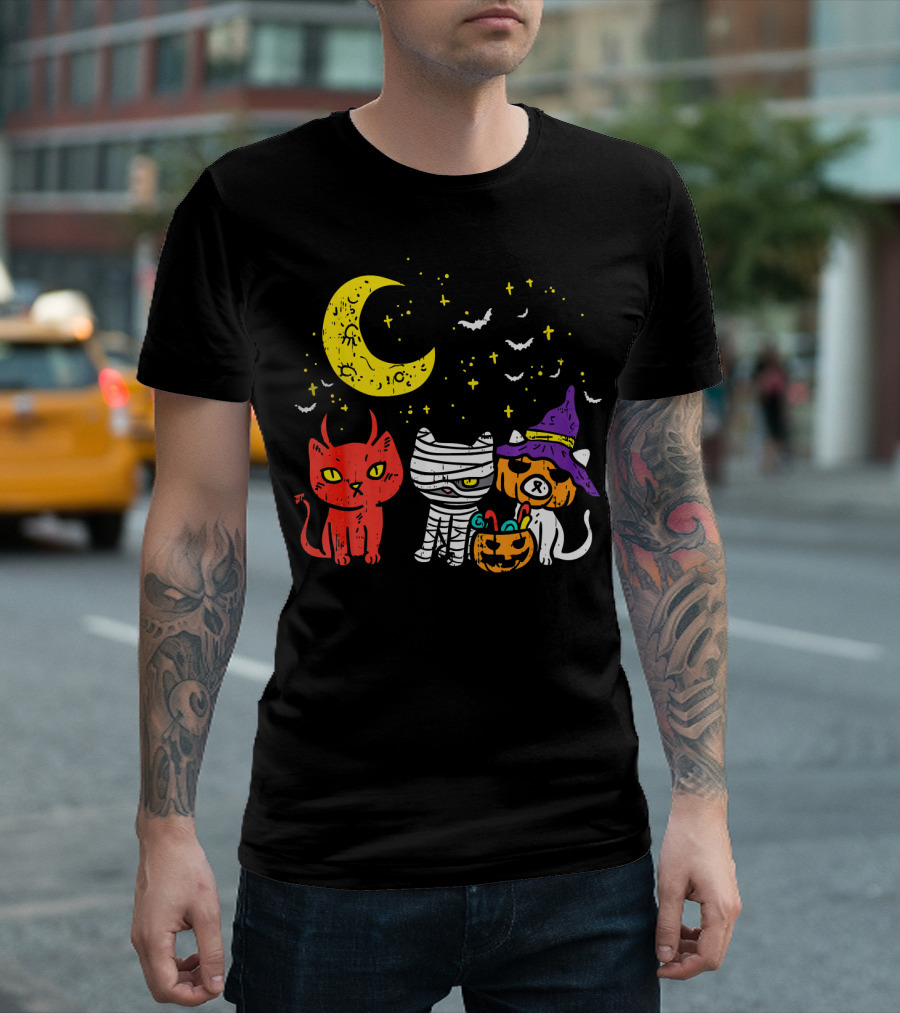 Halloween Kitten Mummy Devil Pumpkin Moon Bats T-Shirt
