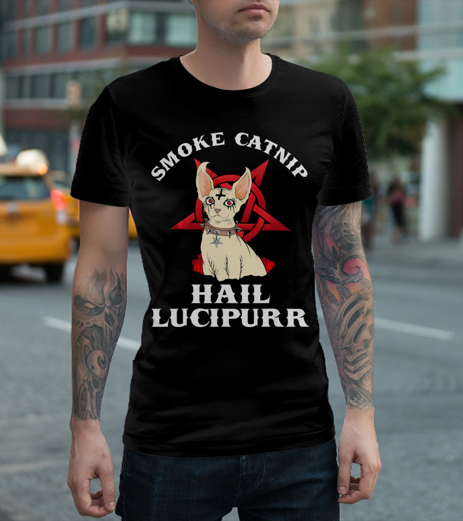 Smoke Catnip Hail Lucipurr Black Metal Cat with Inverted Pentagram T-Shirt