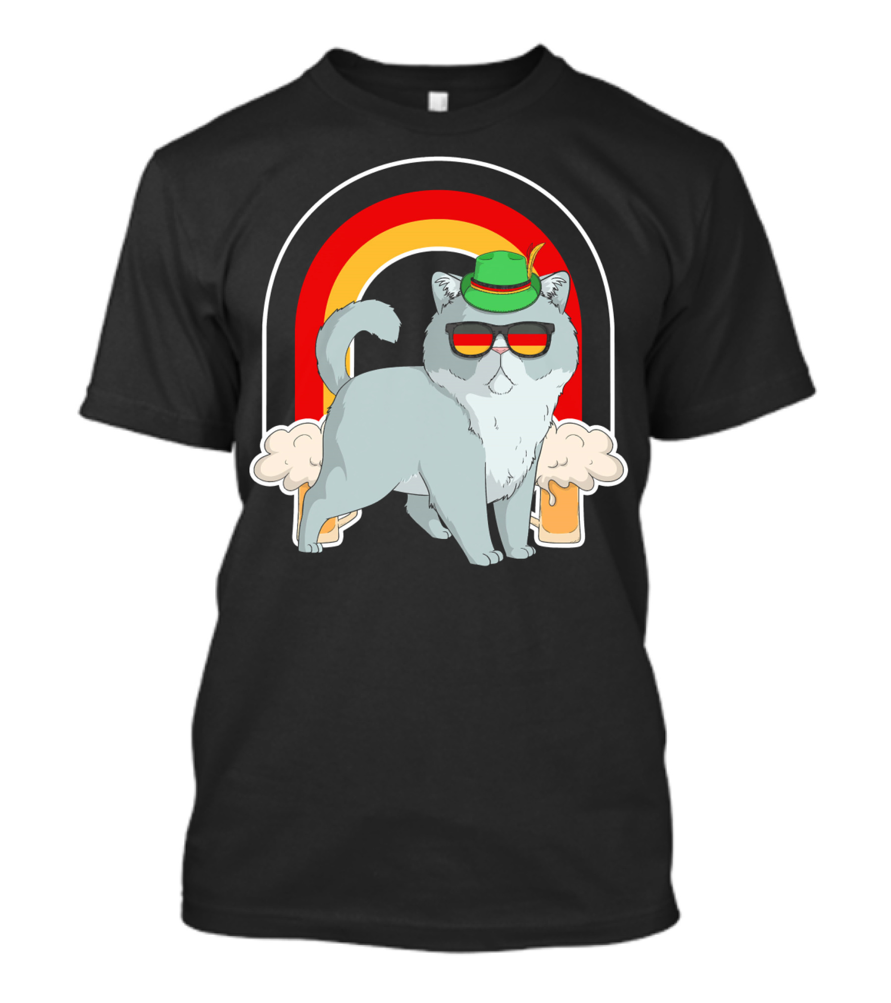 Exotic Shorthair Cat Wearing Oktoberfest Hat With Beer And Rainbow Background T-Shirt