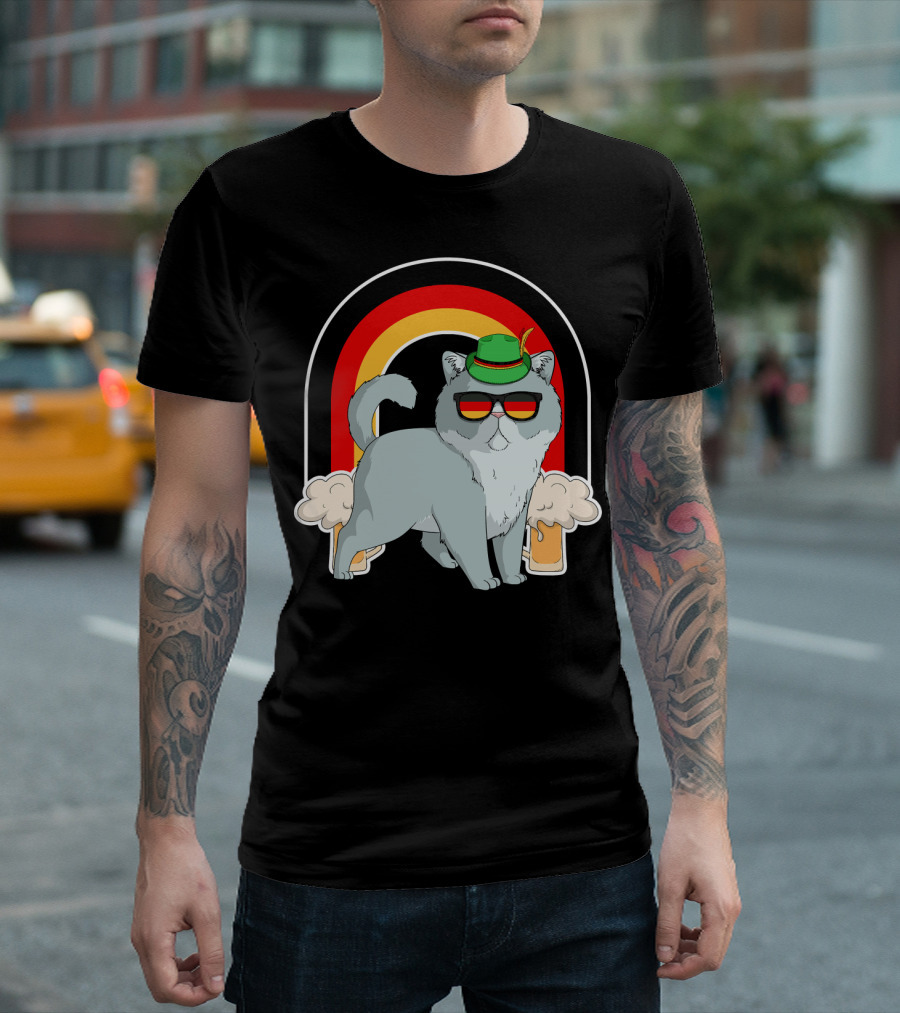 Exotic Shorthair Cat Wearing Oktoberfest Hat With Beer And Rainbow Background T-Shirt