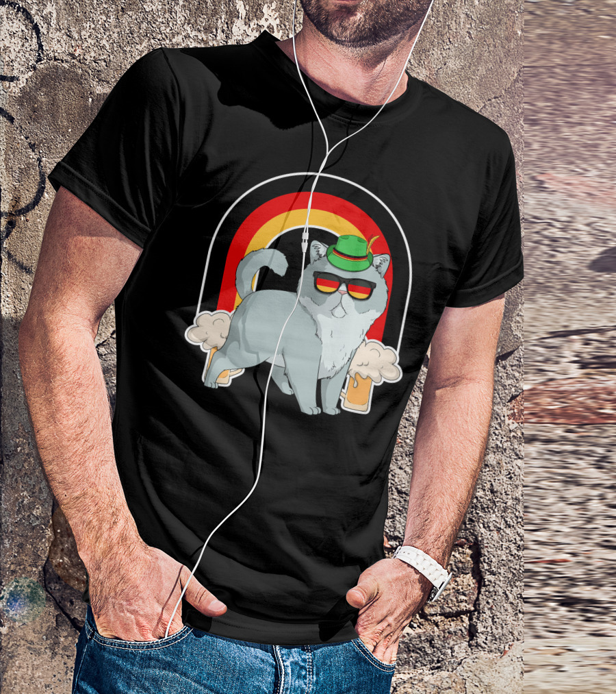 Exotic Shorthair Cat Wearing Oktoberfest Hat With Beer And Rainbow Background T-Shirt