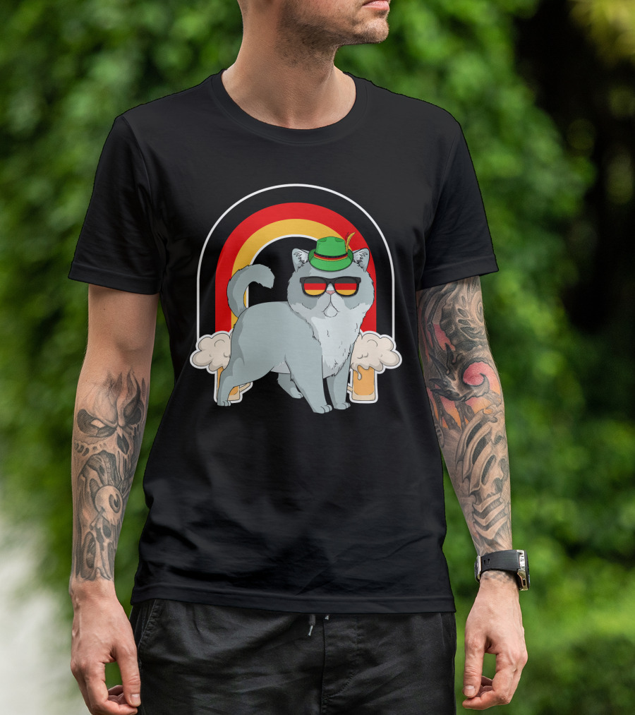 Exotic Shorthair Cat Wearing Oktoberfest Hat With Beer And Rainbow Background T-Shirt