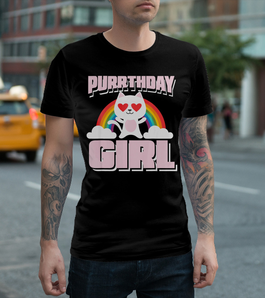 Purrthday Girl Cute Cat with Rainbow and Hearts T-Shirt