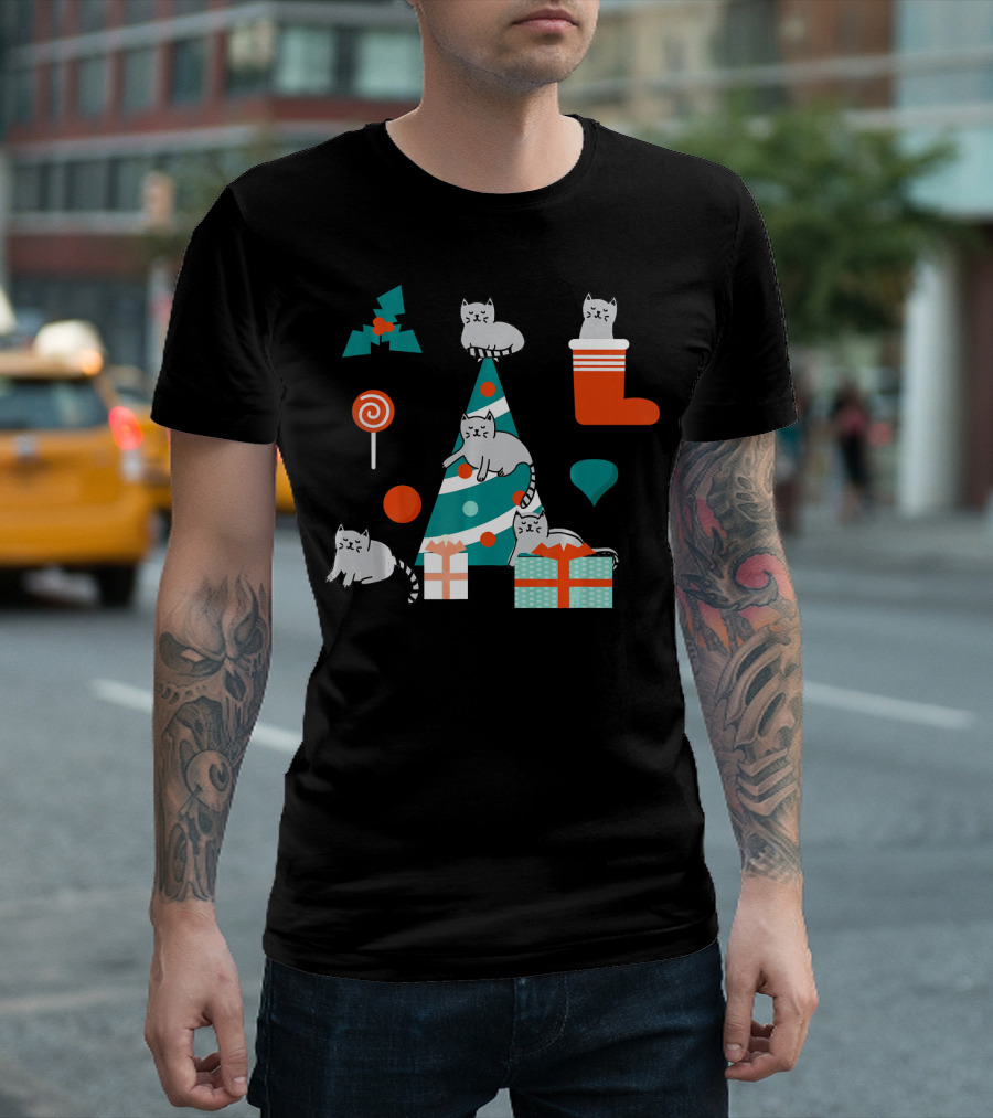 Kitten Christmas Cat HolidayPur Festive Tree Presents Stocking Mistletoe Lollipop T-Shirt