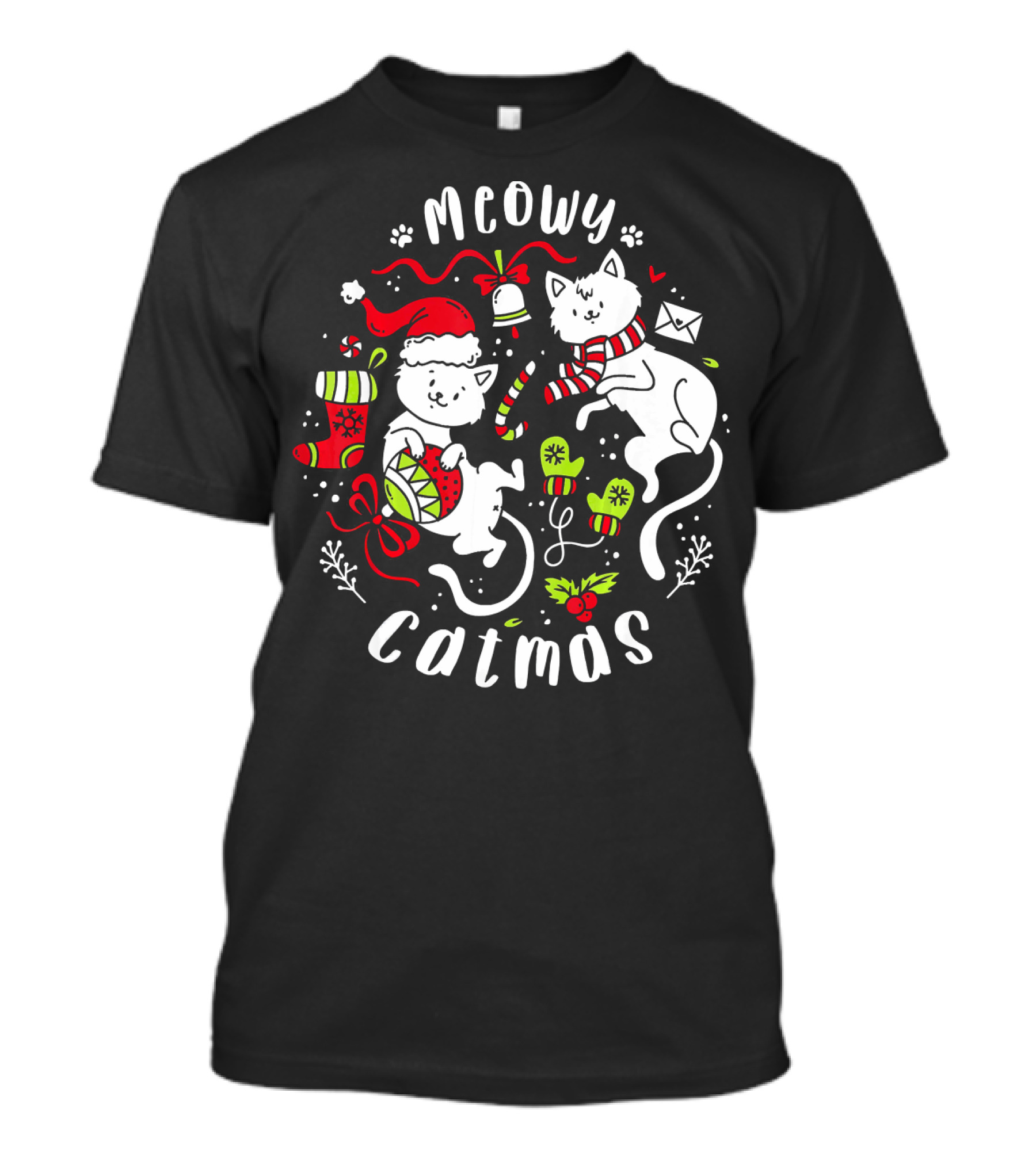 Meowy Catmas Christmas Two Cats Kitten Kitty Santa Hat Scarf Holiday Elements T-Shirt