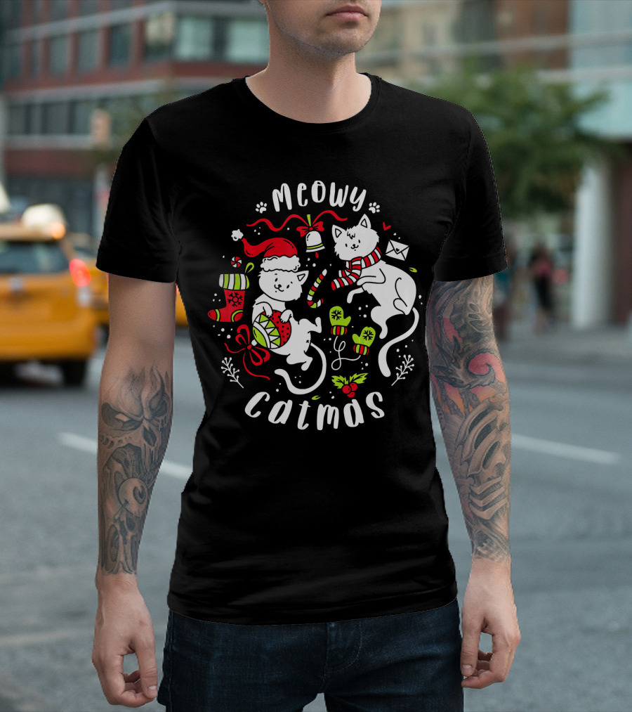 Meowy Catmas Christmas Two Cats Kitten Kitty Santa Hat Scarf Holiday Elements T-Shirt