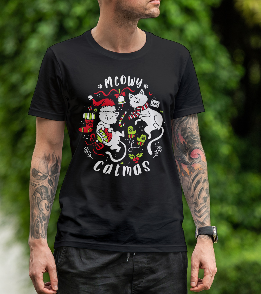 Meowy Catmas Christmas Two Cats Kitten Kitty Santa Hat Scarf Holiday Elements T-Shirt