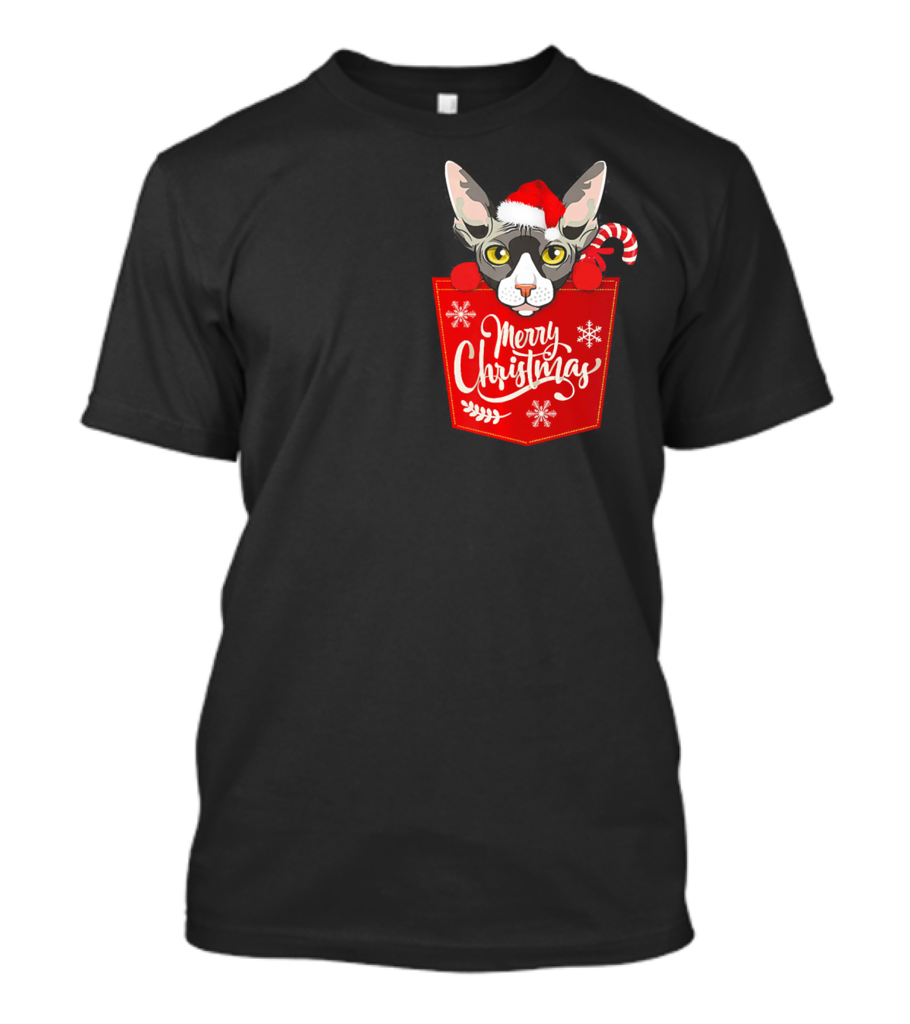 Merry Christmas Sphynx Cat With Santa Hat And Candy Cane In Red Pocket T-Shirt